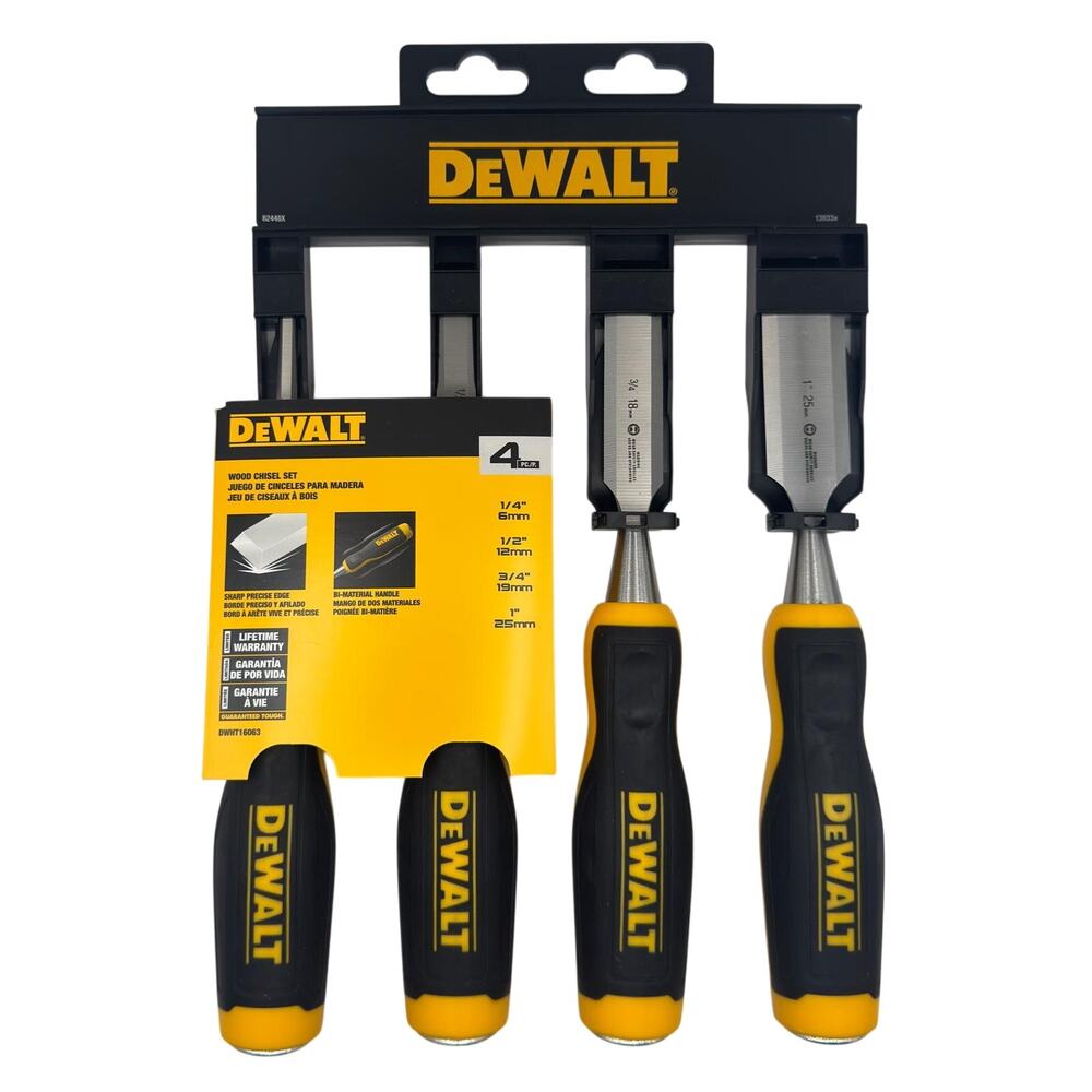 DEWALT DWHT16063 4-Pc Wood Chisel Set 1/4 1/2 3/4 1 in Bi-Material Handles New